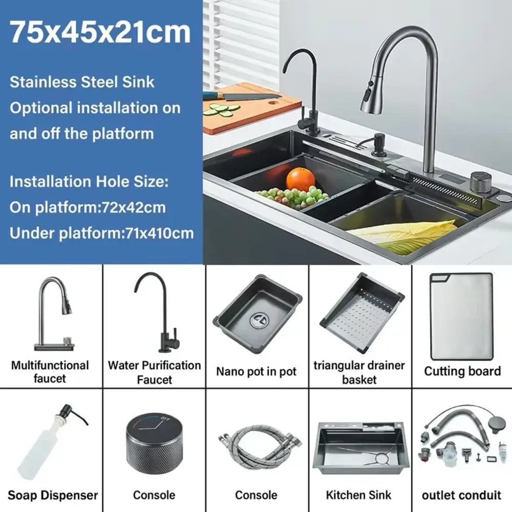 Matte black stainless steel kitchen sink with dual basin design and digital display for smart kitchen use