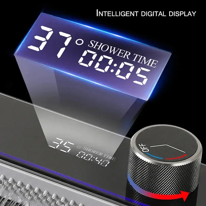 Matte black smart waterfall kitchen sink with digital display showing shower temperature and time on control panel