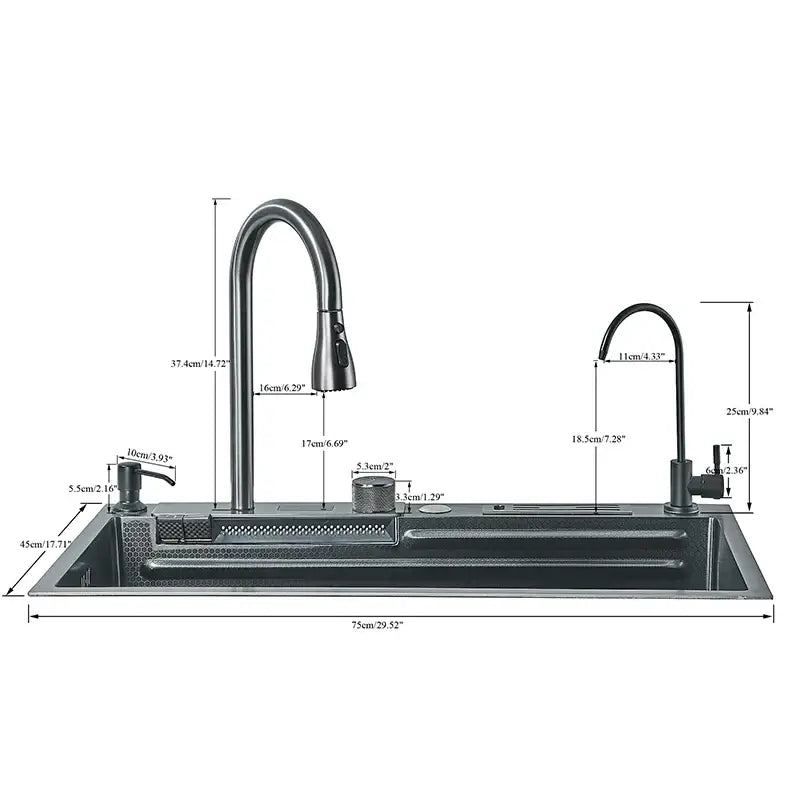 Matte black smart waterfall kitchen sink in stainless steel with two gooseneck faucets soap dispenser and digital display