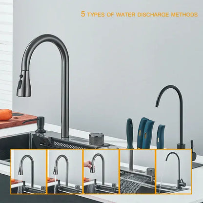 Matte black smart waterfall kitchen sink faucet with pull-down spray head and integrated digital display panel