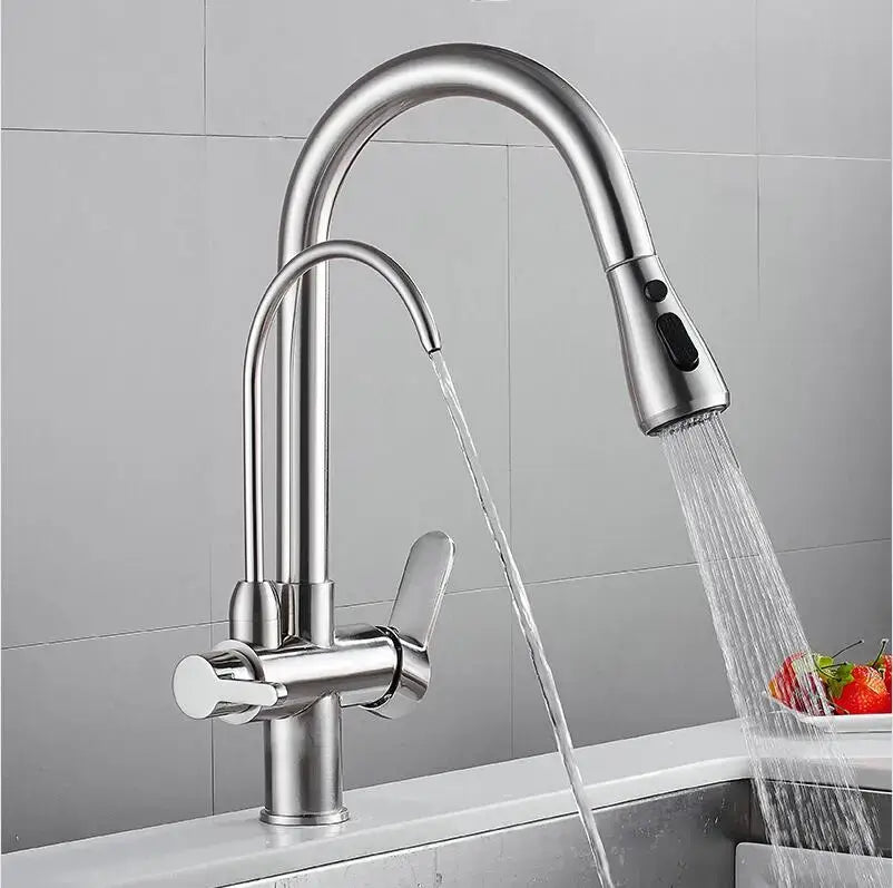 Matte black solid brass kitchen faucet with curved spout and pull-down spray head by decorbites black solid