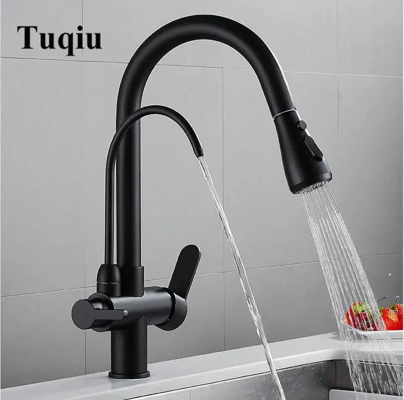 Matte black solid brass kitchen faucet with pull-down spray head and single lever handle by decorbites black solid
