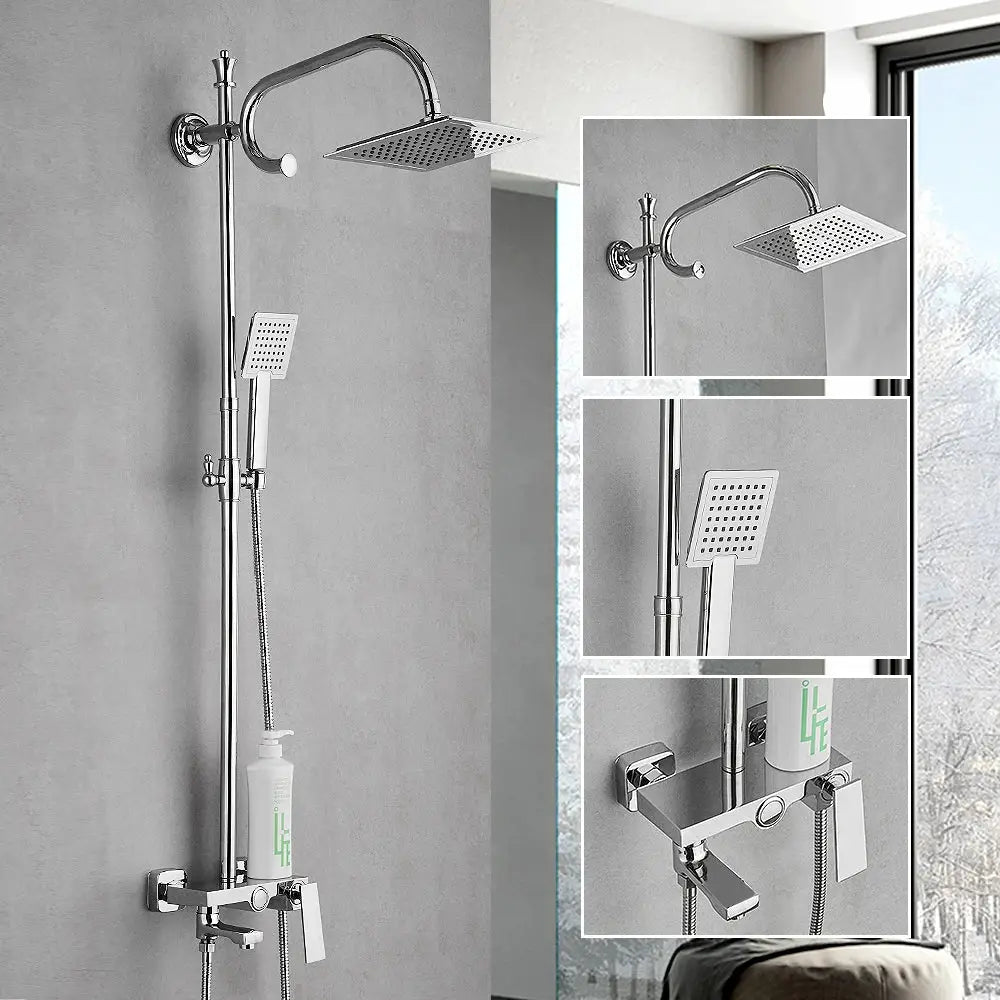 Chrome finished tube shower faucet with large square rainhead handheld spray and adjustable height bar for bathroom use