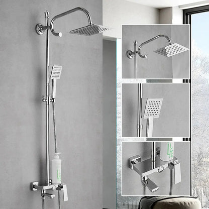 Chrome finished tube shower faucet with large square rainhead handheld spray and adjustable height bar for bathroom use