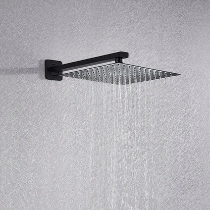 Matte black square rainfall shower faucet set with a black matte-finished square showerhead and multiple water jets