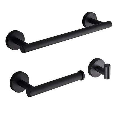 Matte black stainless steel bathroom set by decorbites featuring towel bar, toilet paper holder, and hook with double rack