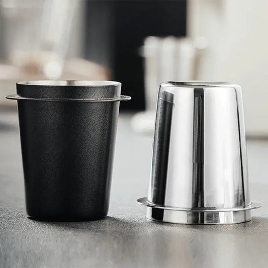 Matte black and stainless steel espresso dosing cup with polished metal and matte black finish for decorbites espresso dosing