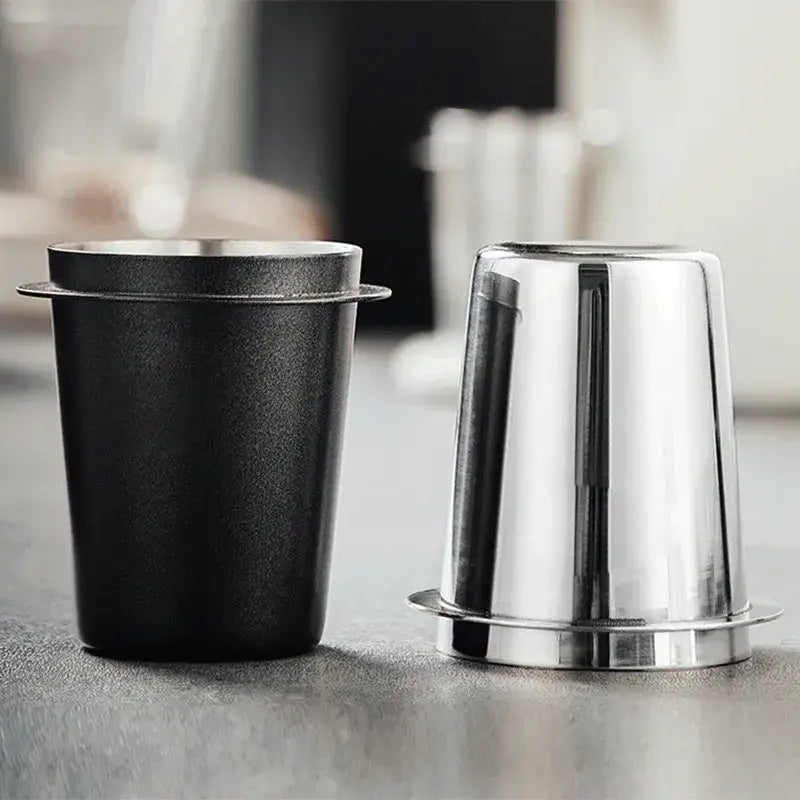 Matte black and stainless steel espresso dosing cup with polished metal and matte black finish for decorbites espresso dosing