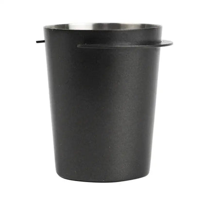 Matte black and stainless steel decorbites espresso dosing cup with cylindrical scoop for precise coffee measurement