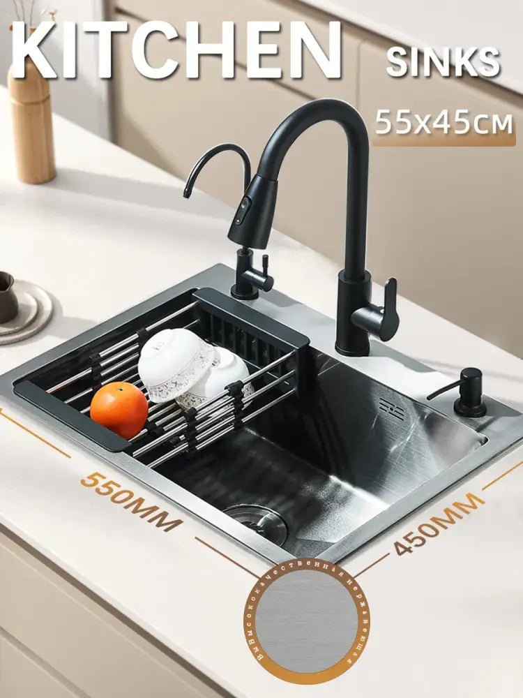 Matte black stainless steel kitchen sink with retractable faucet - Decorbites