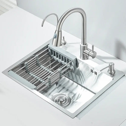 Matte black stainless steel kitchen sink with retractable faucet and stainless steel undermount design with pull-out rack