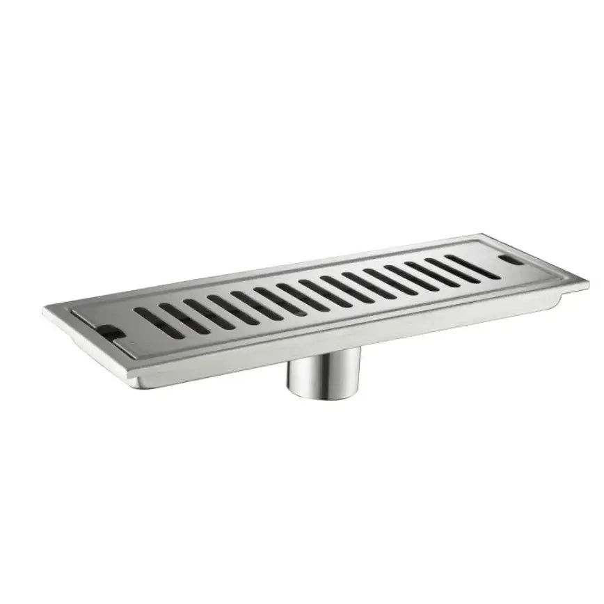 Matte black stainless steel strip floor drain with shiny rectangular design and evenly spaced slotted openings for shower