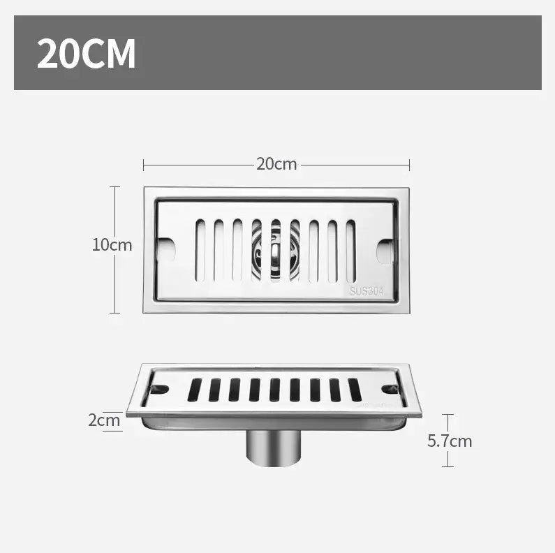 Matte black stainless steel strip floor drain with silver rectangular slotted grate 20cm by 10cm for bathroom shower