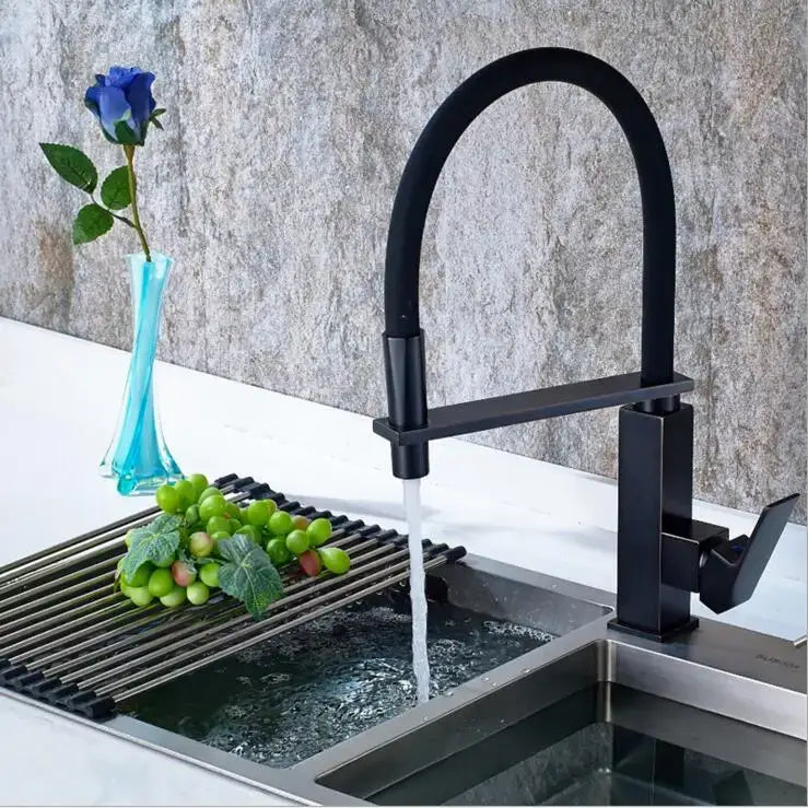 Matte black swivel kitchen faucet with pull down spray tap featuring a curved spout in decorbites black swivel style