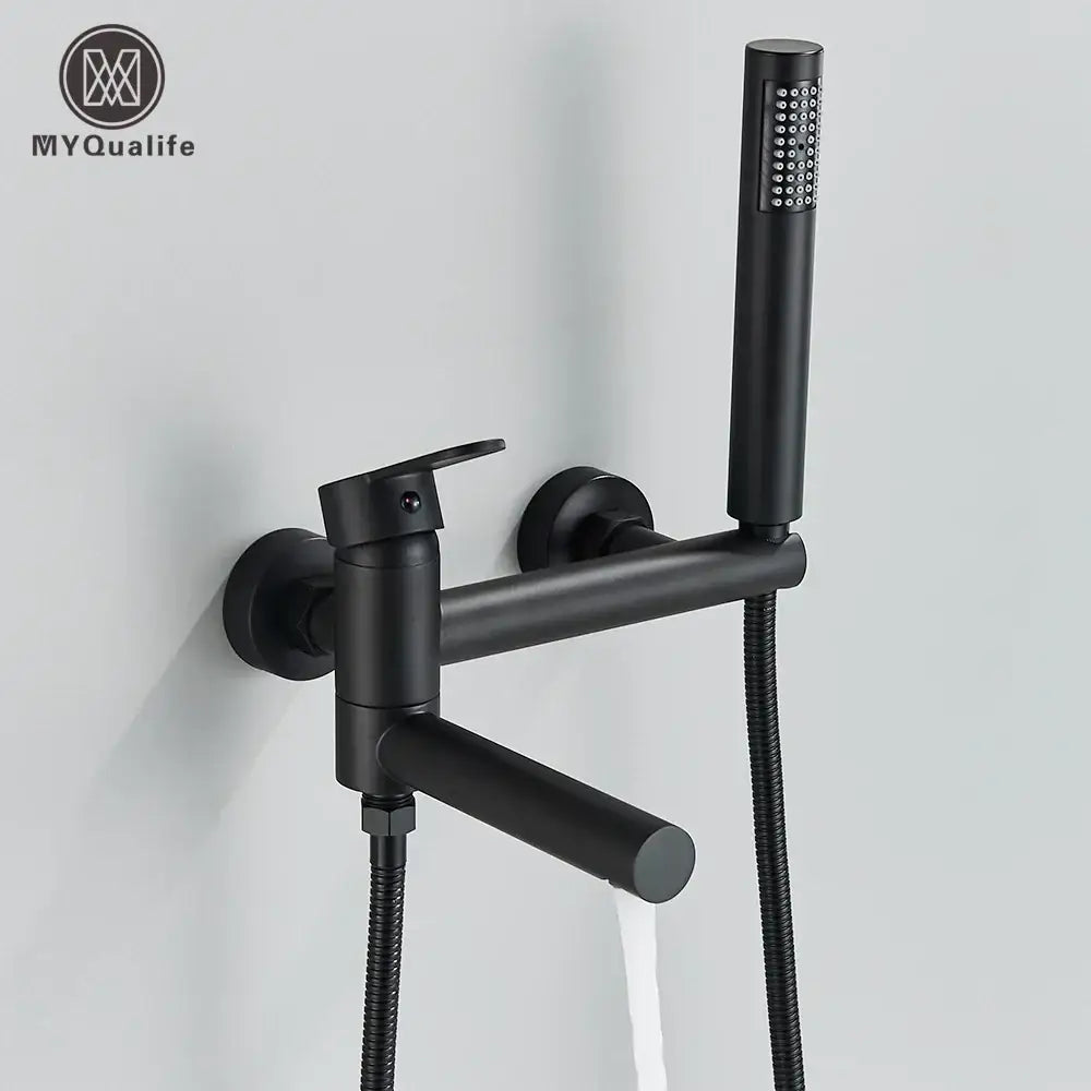 Matte black wall mount tub shower system with handheld spray and flexible hose in black matte finish for decorbites black wall