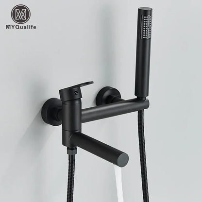 Matte black wall mount tub shower system with handheld spray and flexible hose in black matte finish for decorbites black wall