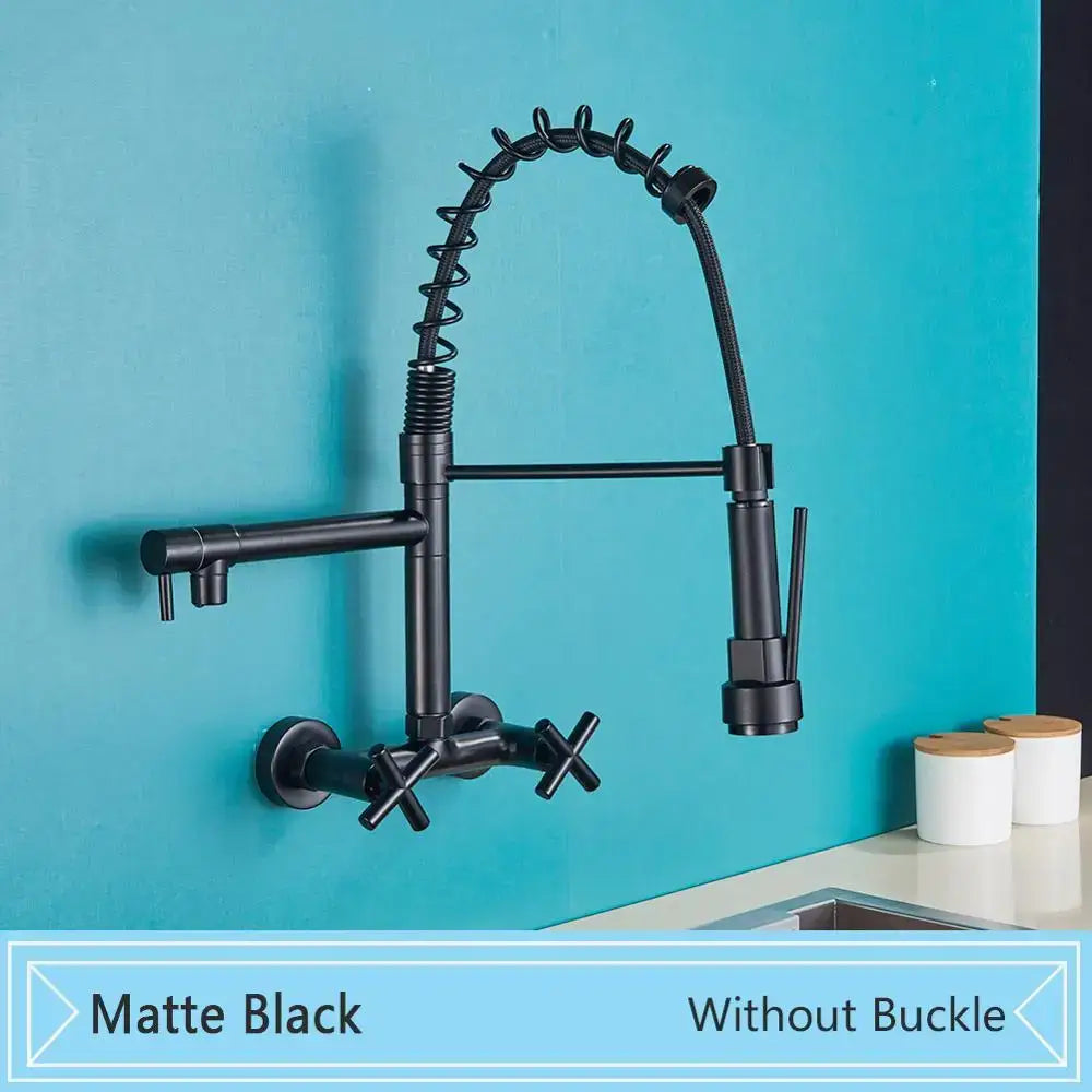 Matte black decorbites black wall-mounted kitchen faucet with flexible coiled gooseneck spout and cross-handle controls