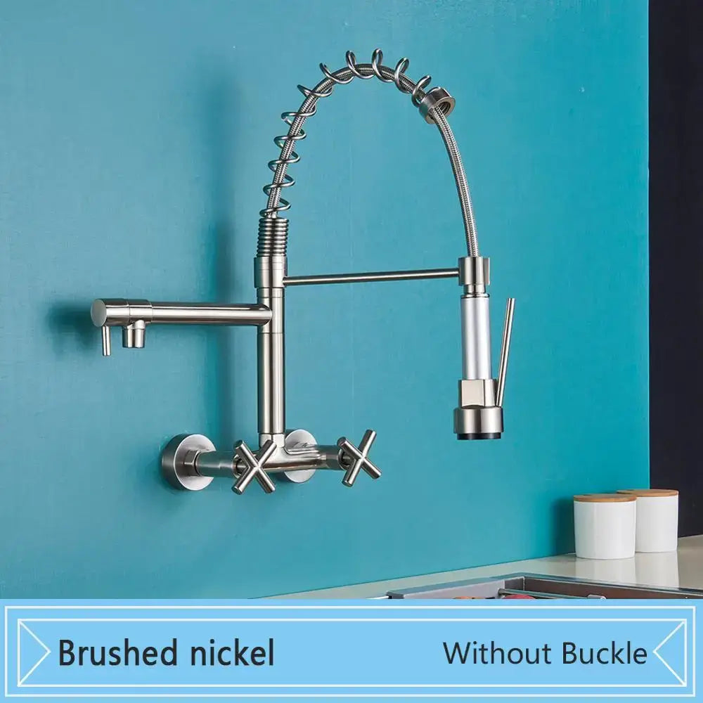 Brushed nickel kitchen faucet with flexible coiled gooseneck spout and cross-handle controls for decorbites black wall-mounted use