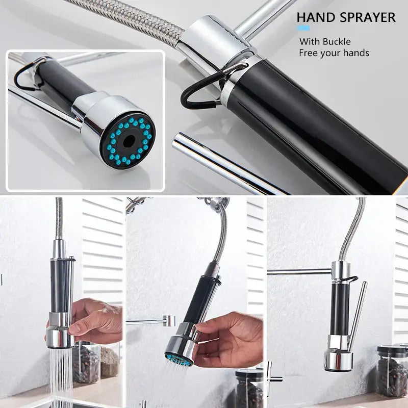 Matte black decorbites black wall-mounted kitchen faucet with chrome hand sprayer and flexible braided hose blue nozzles