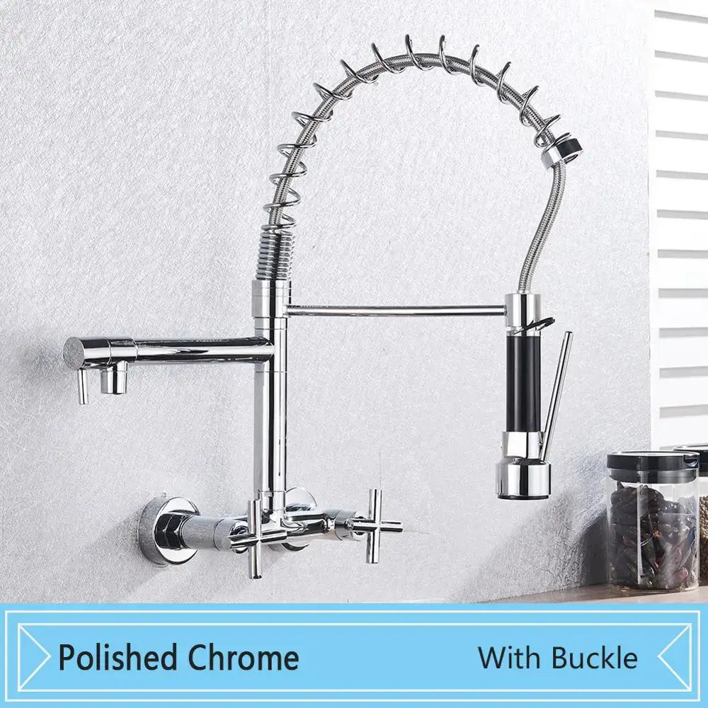 Matte black decorbites black wall-mounted kitchen faucet with coiled spring hose and black-accented pull-out spray head