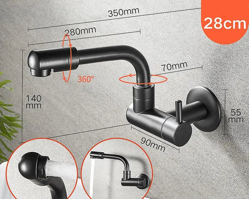 Matte black decorbites black wall-mounted kitchen faucet with 360-degree swivel spout and adjustable height