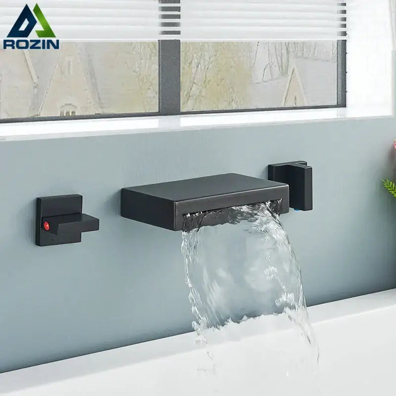 Matte black wall mounted waterfall bathroom faucet with dual handles and integrated control handle in matte finish