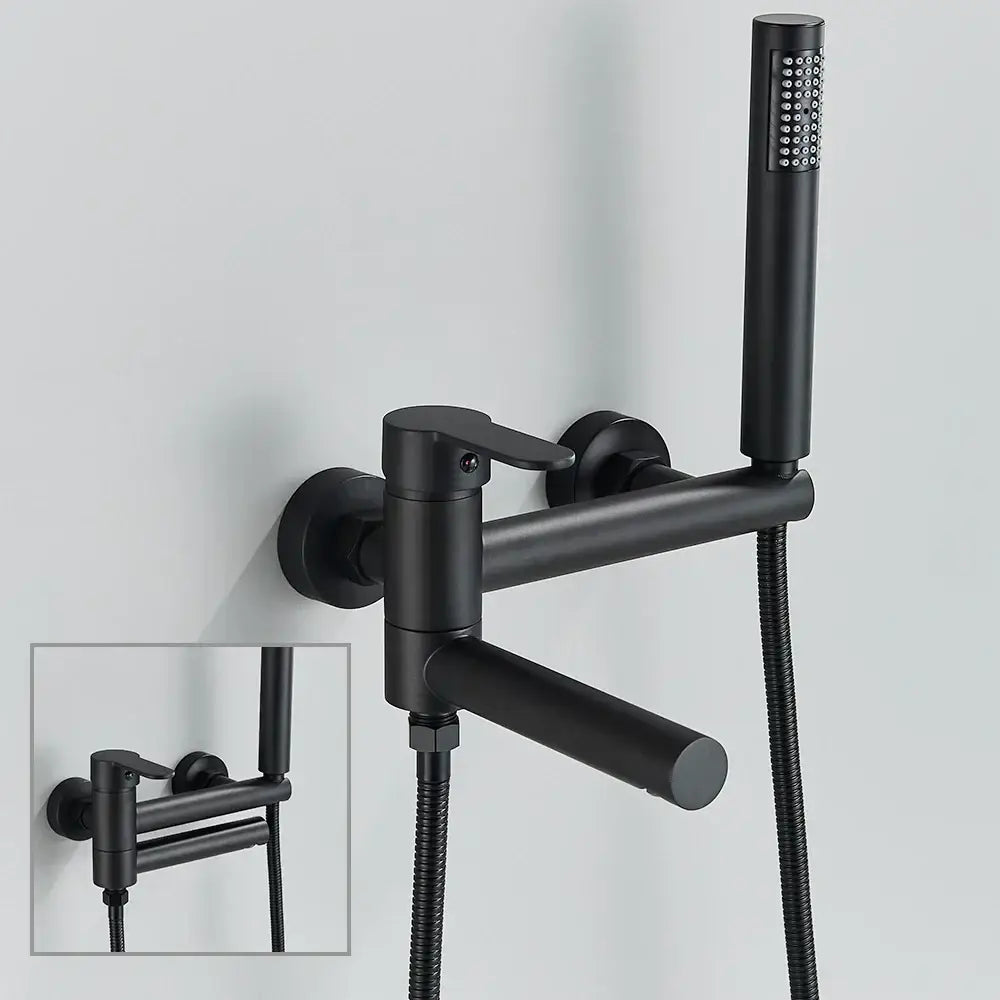 Matte black wall mounted waterfall bathtub faucet with a black wall mounted handheld spray for modern decorbites decor