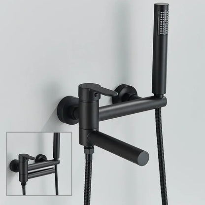 Matte black wall mounted waterfall bathtub faucet with a black wall mounted handheld spray for modern decorbites decor