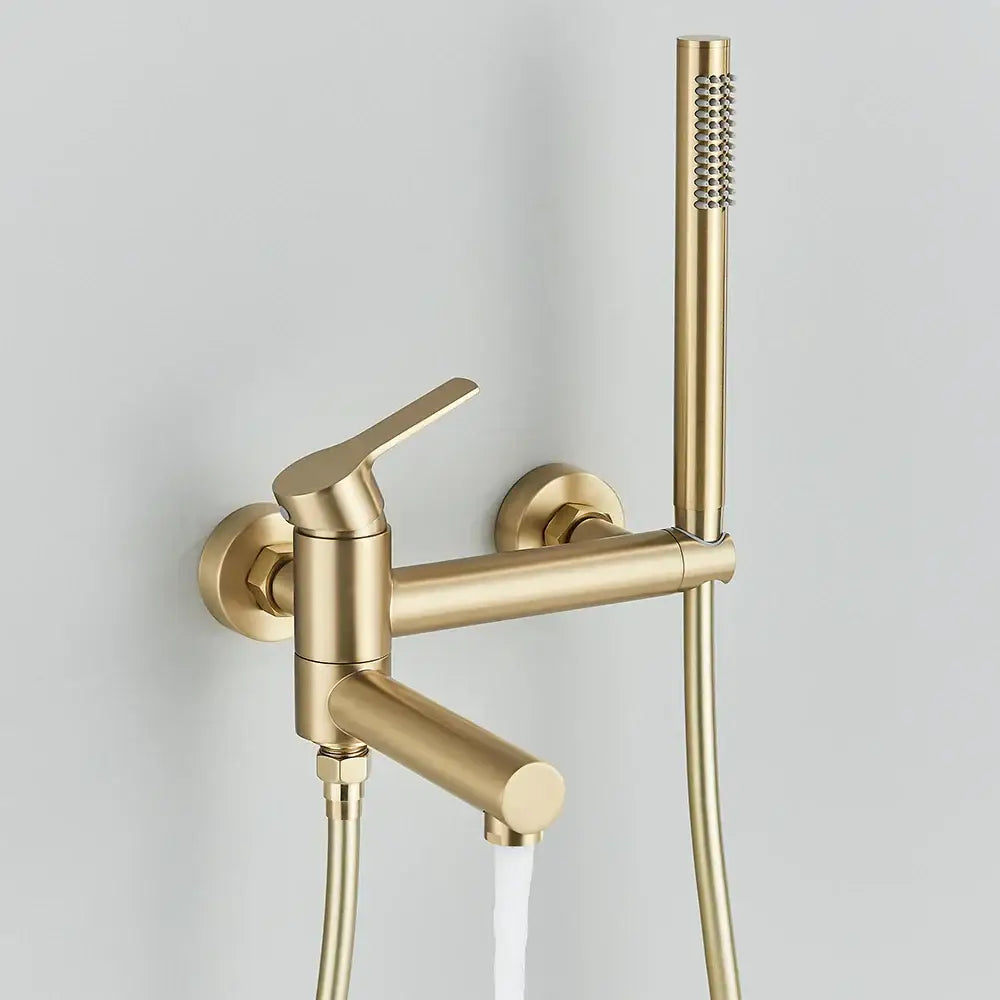 Gold-toned wall mounted bathtub faucet with sleek modern design and handheld showerhead for decorbites black wall mounted use