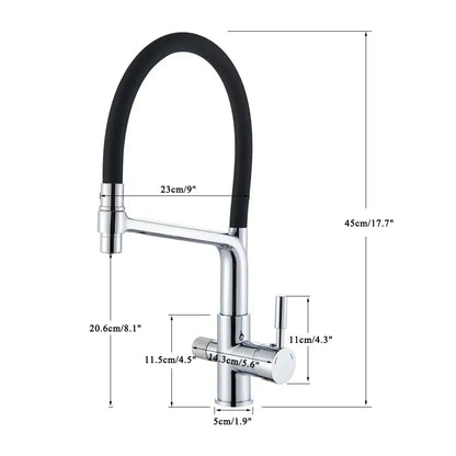 Matte black water filter kitchen faucet with chrome finish, flexible black hose, and curved pull down gooseneck tap