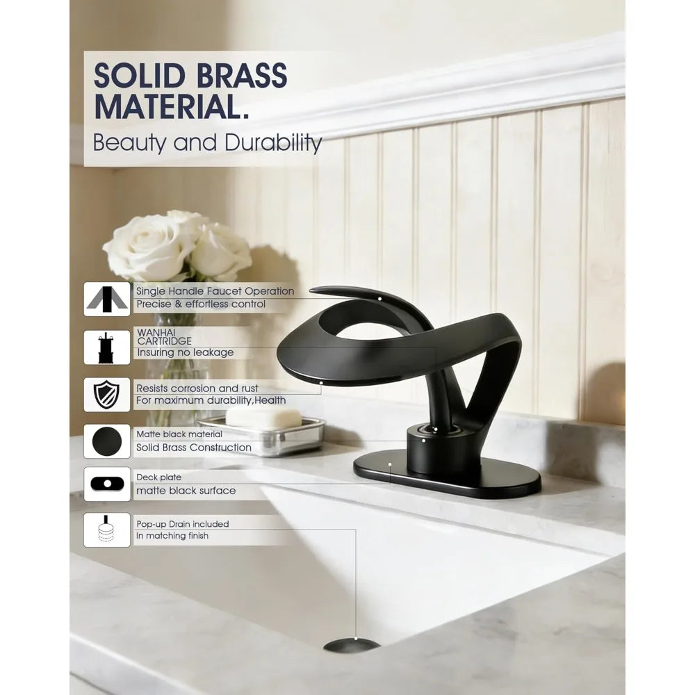 Matte black waterfall faucet with single handle, solid brass construction, curved spout, and pop-up drain for single hole installation