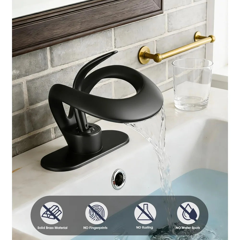 Matte black waterfall faucet with single hole design made of solid brass featuring a pop-up drain for modern bathrooms