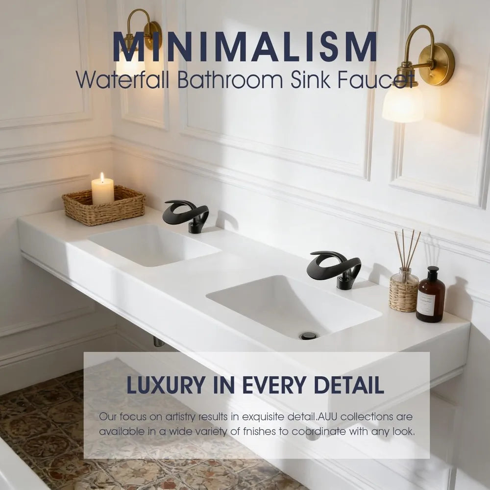 Matte black waterfall faucet with single hole design made of solid brass featuring a sleek matte finish and pop-up drain