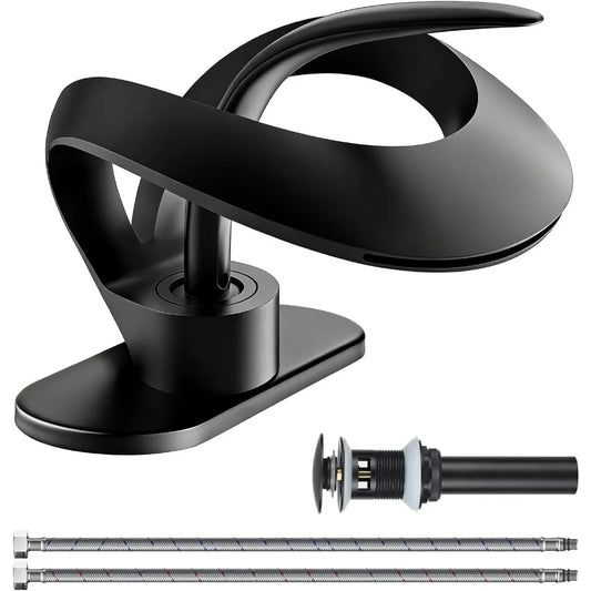 Matte black waterfall faucet with solid brass construction and included pop up drain and flexible hoses for single hole installation