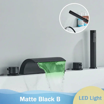 Matte black waterfall led faucet set with integrated green lighting casting glow on flowing water for bathroom decorbites black waterfall