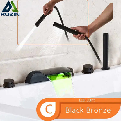 Matte black decorbites black waterfall led faucet set with black bronze rozin waterfall spout and handheld shower