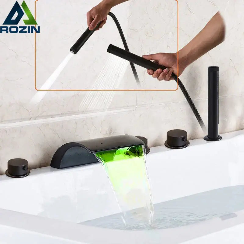 Matte black waterfall led bathtub faucet set with handheld shower bathroom featuring decorbites black waterfall design