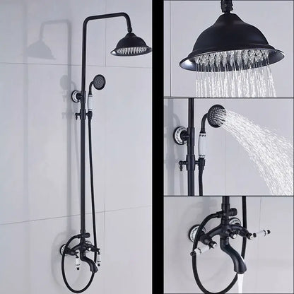 Matte black and white ceramic shower faucet set with rainhead and handheld spray for bathroom use