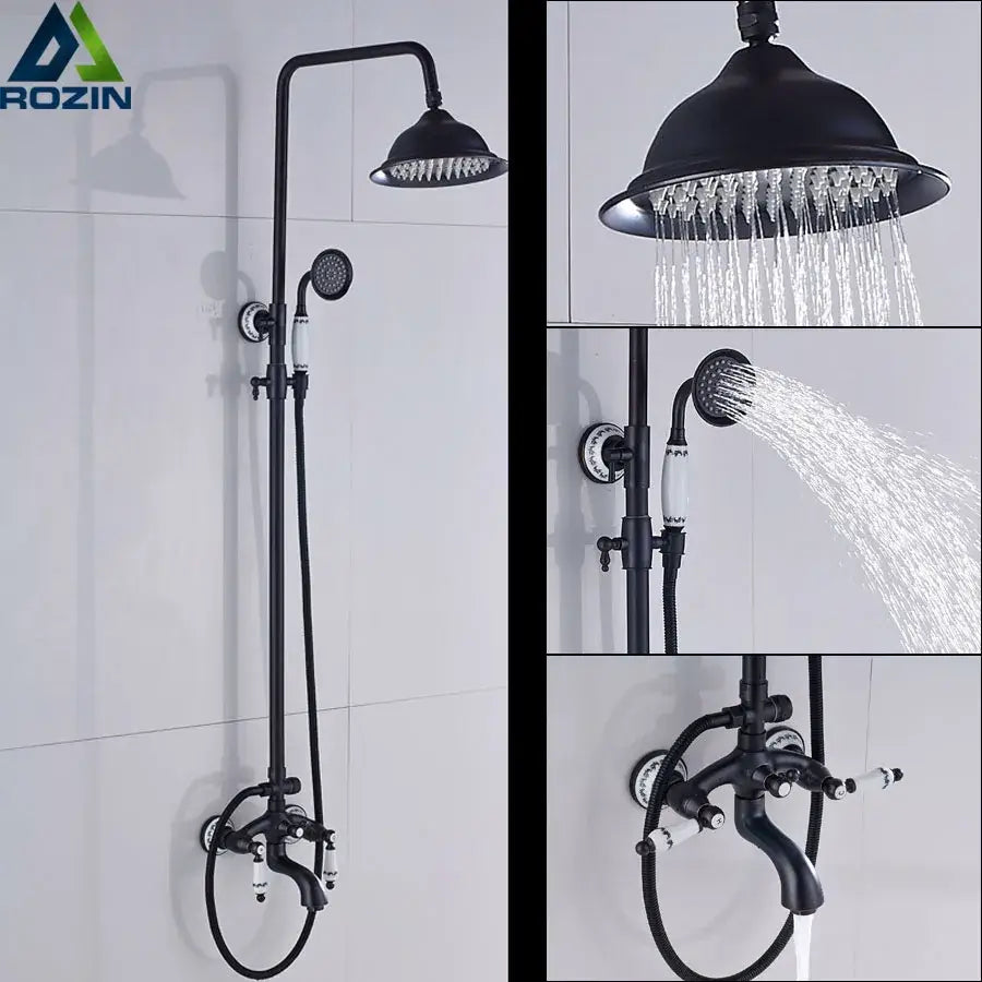 Matte black and white ceramic shower faucet set with black matte brass rainfall head and handheld spray nozzle