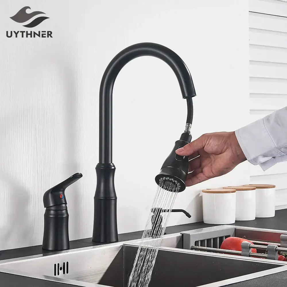 Matte brass black kitchen faucet with pull-out spray head and single handle control for brass black kitchen decorbites