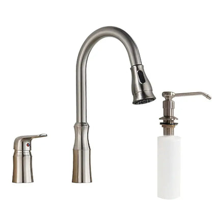 Matte brass black kitchen faucet with pull out spray head and matching soap dispenser in stainless steel decorbites brass black design