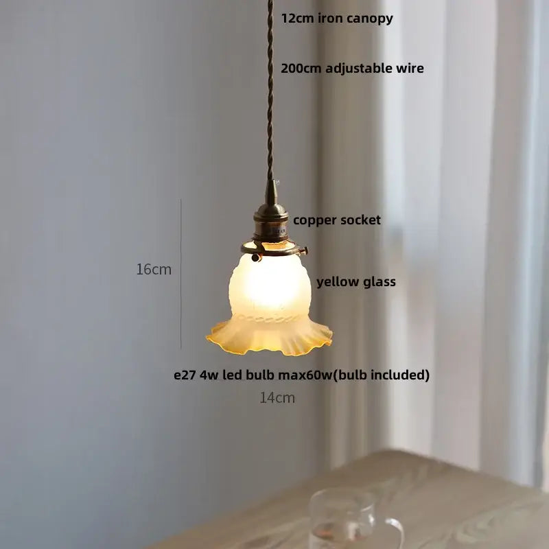 Matte brown and copper ceramic walnut pendant light with 12cm iron canopy twisted copper wire and yellow glass shade
