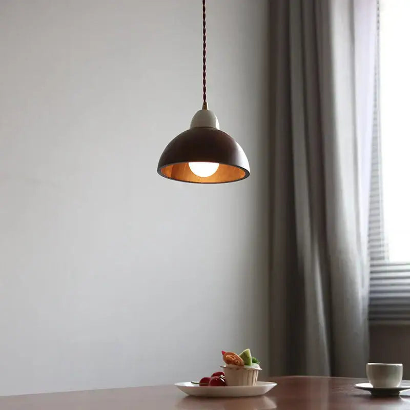 Matte brown and copper ceramic walnut pendant light with dome shape and braided cord for kitchen decorbites ceramic walnut