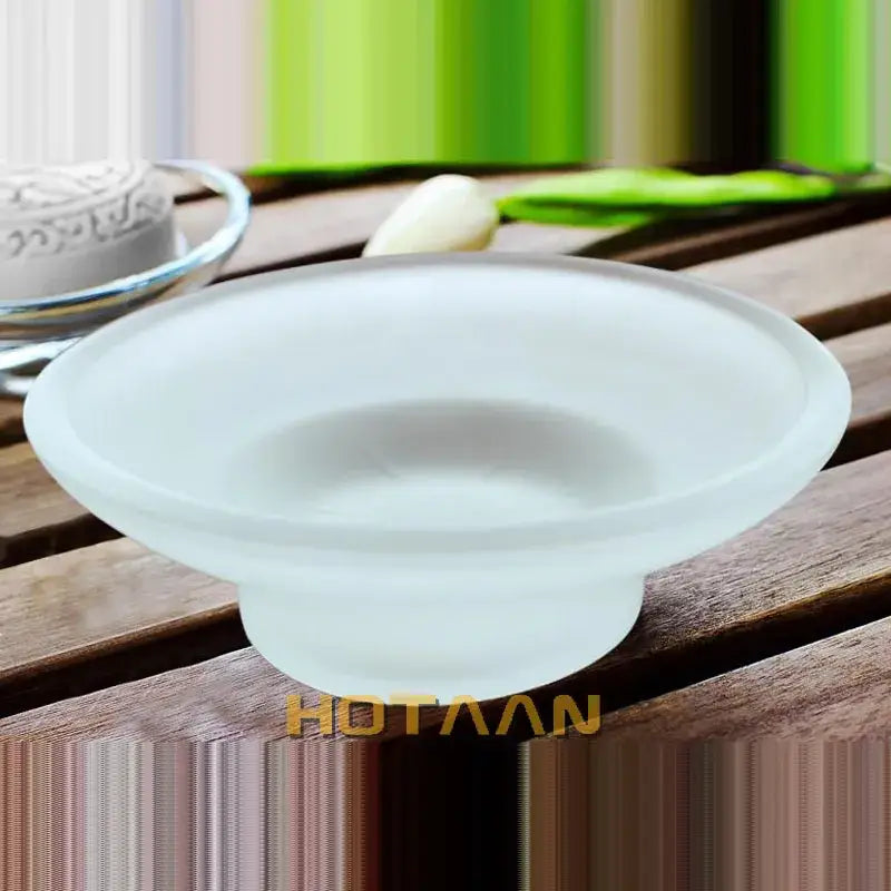 Matte clear frosted white glass soap dish with lid featuring a wide shallow bowl and raised base bathroom accessory