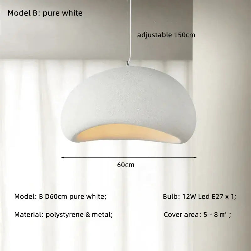 Matte gray led wabi sabi chandelier pendant light with white dome-shaped textured polystyrene and adjustable metal hanger