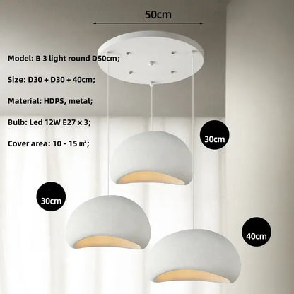 Matte gray led wabi sabi chandelier with white dome pendant lights and warm led bulbs in varied hanging lengths