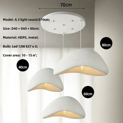 Matte gray led wabi sabi chandelier pendant light with three white hdps curved shell-like metal shades for dining room use