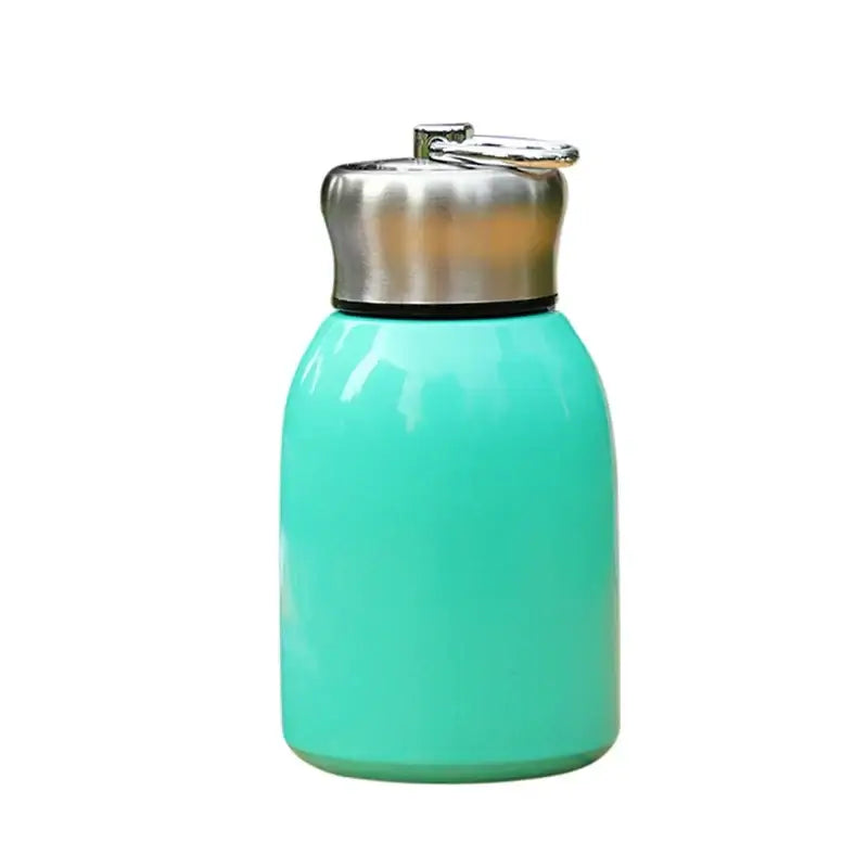 Matte turquoise stainless steel vacuum flask with silver screw-on lid and carrying loop for kitchen and travel use