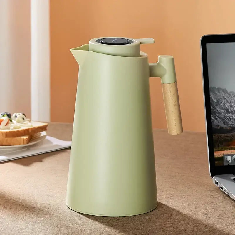Matte sage green decorbites insulation kettle thermos bottle with mint green insulated body wooden handle and black digital lid