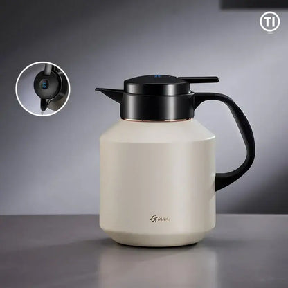 Cream-colored matte stainless steel decorbites insulation pot with black lid handle and digital temperature display